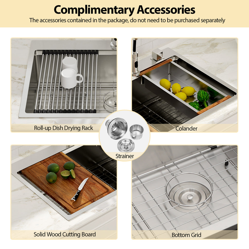 Logmey 33'' Workstation Kitchen Sink - Drop-In Single Bowl - Silver Stainless Steel