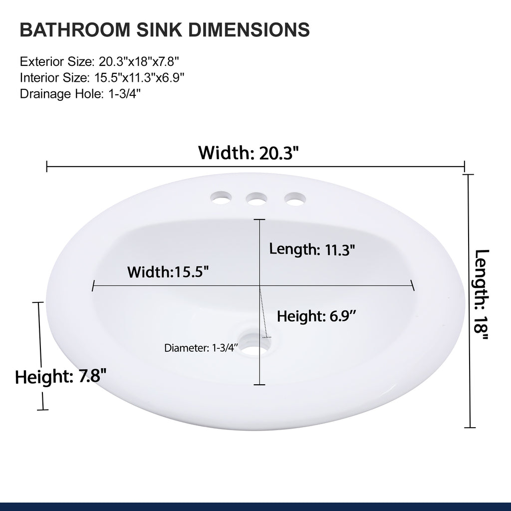 20.3'' White Oval Drop In Bathroom Sink Ceramic Topmount Vanity Sink
