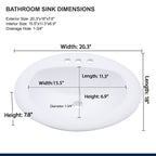 20.3'' White Oval Drop In Bathroom Sink Ceramic Topmount Vanity Sink