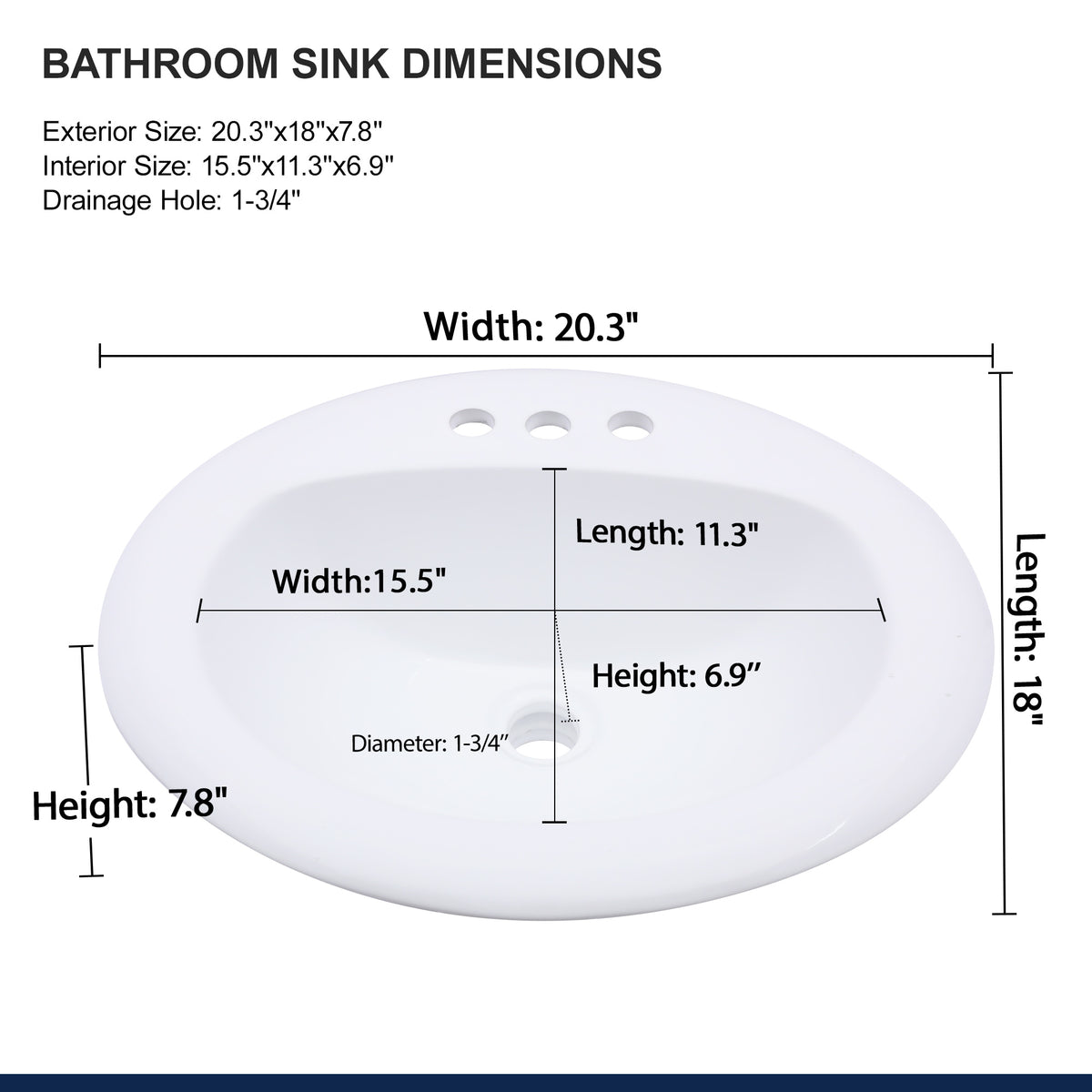 20.3'' White Oval Drop In Bathroom Sink Ceramic Topmount Vanity Sink
