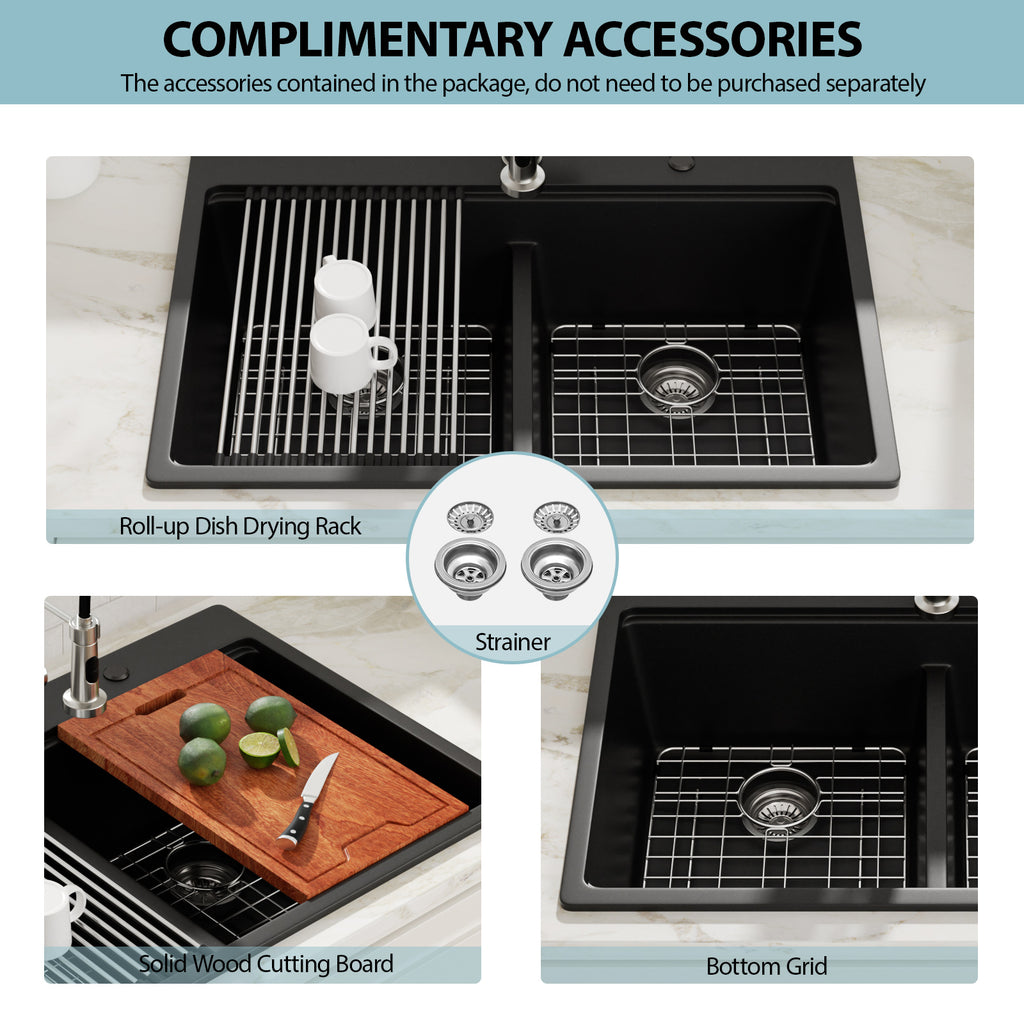 Logmey 33x19 Seamless Black Quartz Culinary Workstation Kitchen Sink Combo