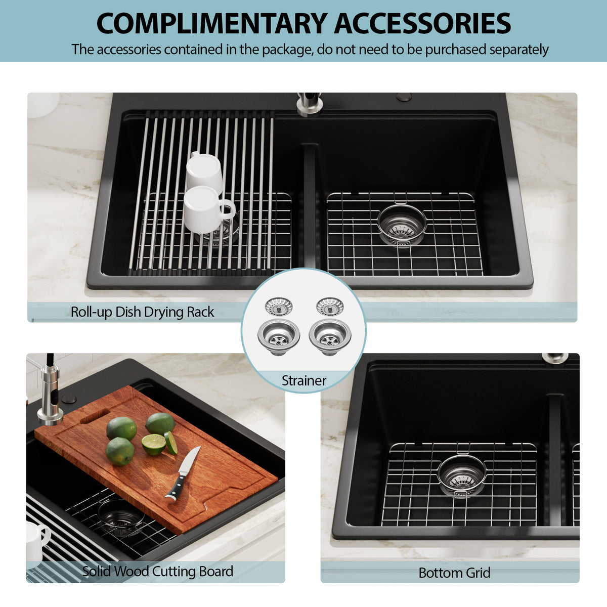 Logmey 33x19 Seamless Black Quartz Culinary Workstation Kitchen Sink Combo