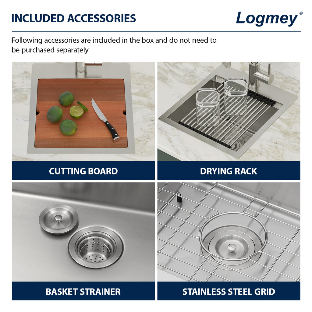Logmey 15" Outdoor Undermount Workstation Sink with Faucet Set for Backyard, Bar & RVorkstation Bar Sink - Drop-In Single Bowl with Pull-out Faucet - Silver Stainless Steel