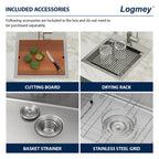 Logmey 15" Outdoor Undermount Workstation Sink with Faucet Set for Backyard, Bar & RVorkstation Bar Sink - Drop-In Single Bowl with Pull-out Faucet - Silver Stainless Steel