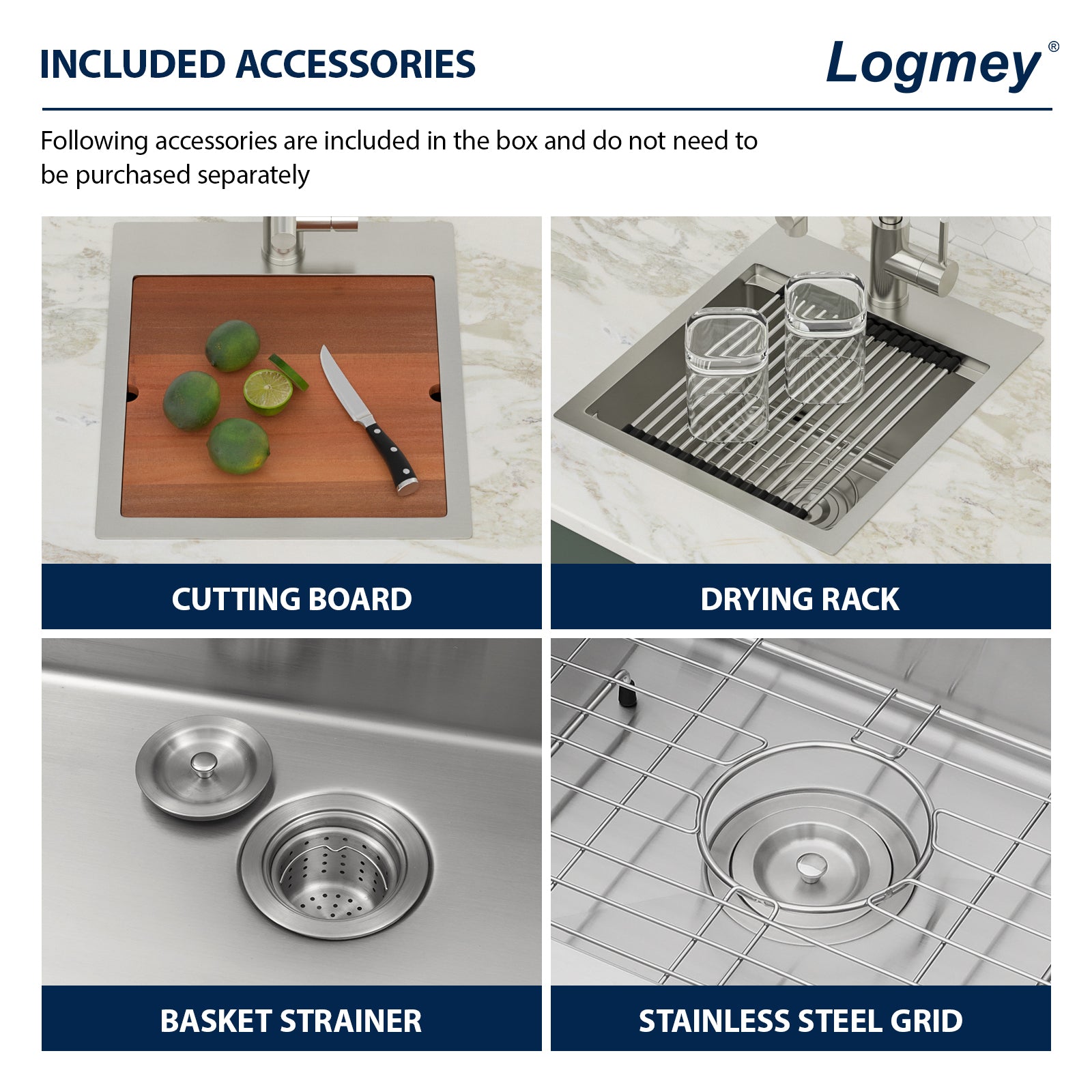 Logmey 15" Outdoor Undermount Workstation Sink with Faucet Set for Backyard, Bar & RVorkstation Bar Sink - Drop-In Single Bowl with Pull-out Faucet - Silver Stainless Steel