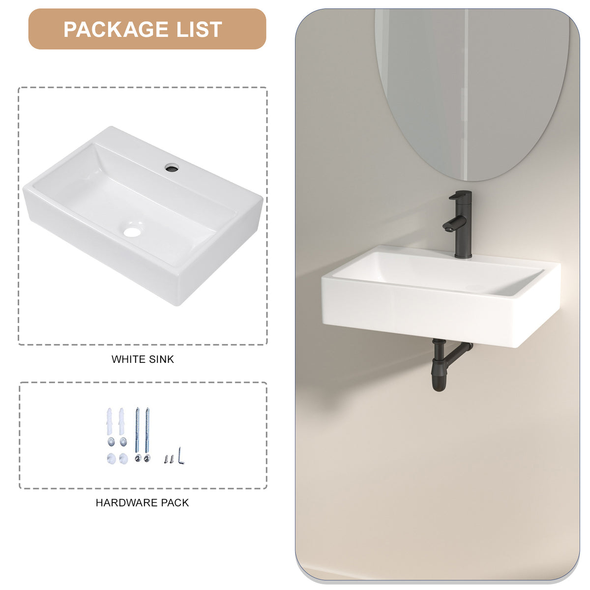 Logmey 20x14 Wall-Mounted Porcelain Bathroom Basin