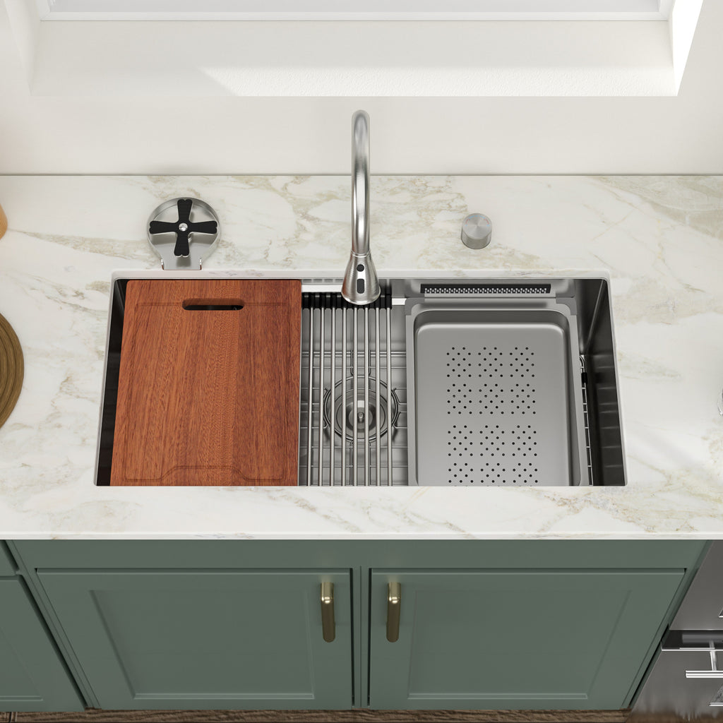 Logmey 33'' Waterfall Kitchen Sink - Undermount Single Bowl with Pull-out Faucet & Control Knob - Silver Stainless Steel