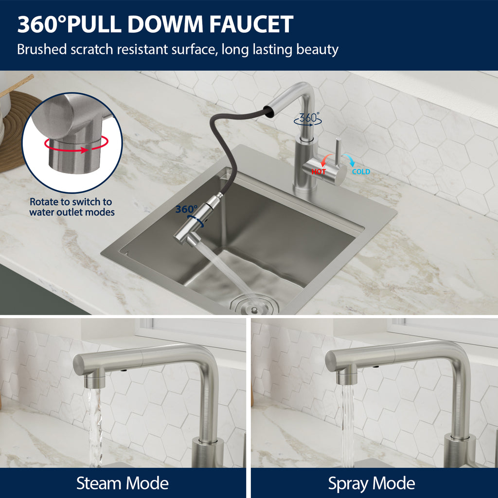 Logmey 15" Outdoor Undermount Workstation Sink with Faucet Set for Backyard, Bar & RVorkstation Bar Sink - Drop-In Single Bowl with Pull-out Faucet - Silver Stainless Steel