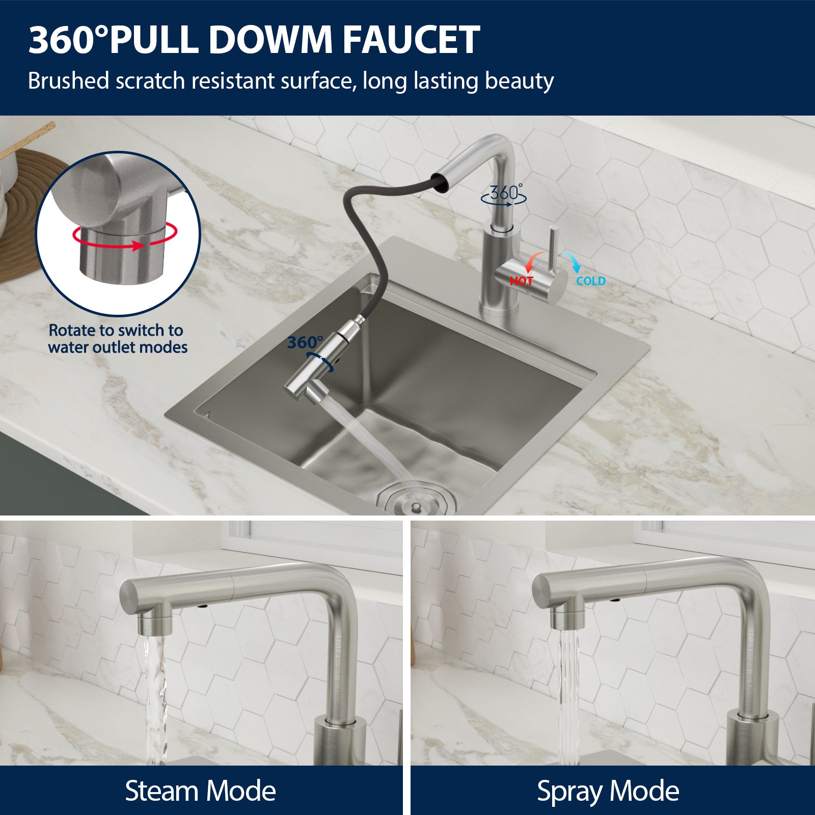 Logmey 15" Outdoor Undermount Workstation Sink with Faucet Set for Backyard, Bar & RVorkstation Bar Sink - Drop-In Single Bowl with Pull-out Faucet - Silver Stainless Steel