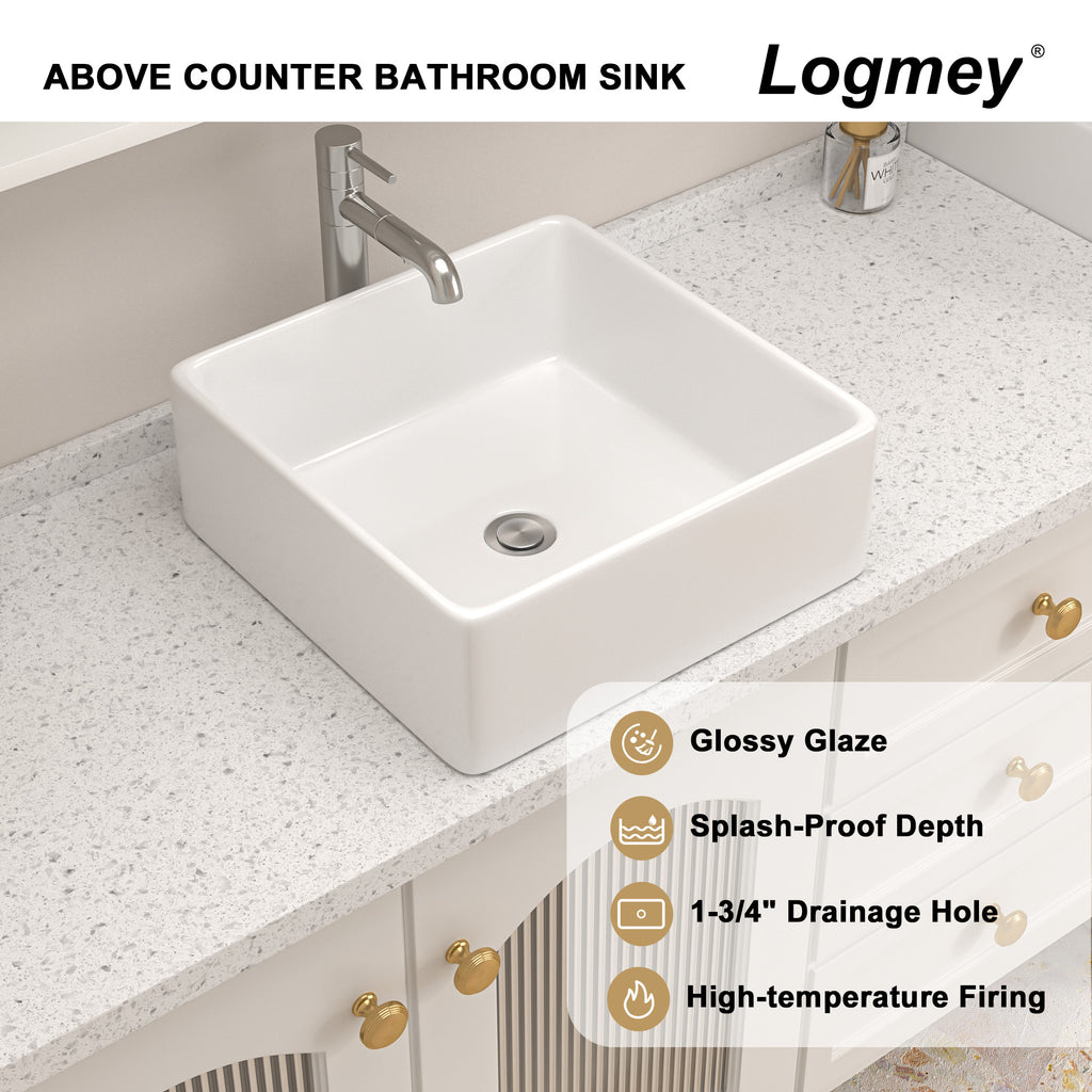 Logmey 15'' x 15'' Square Ceramic Bathroom Vessel Sink