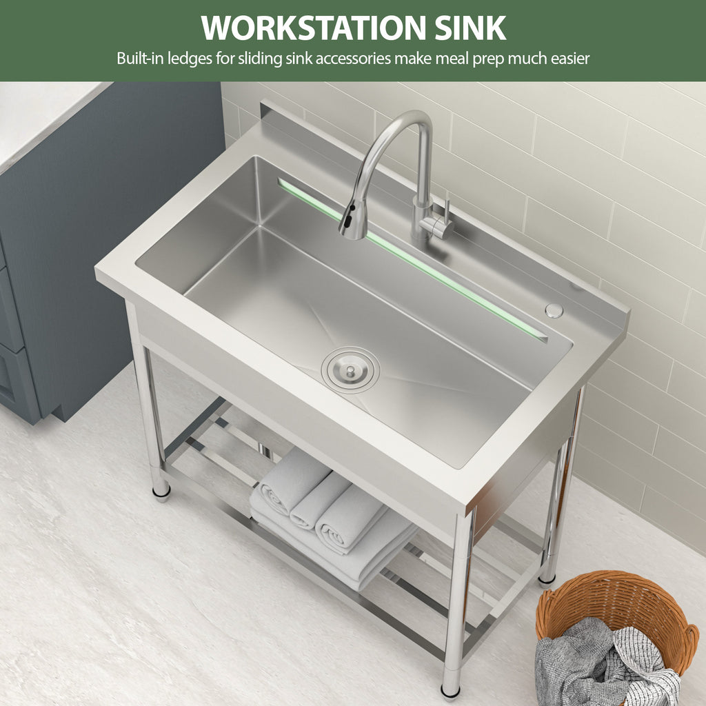 Logmey 36'' x 21'' Freestanding Stainless Steel Single Bowl Utility Sink