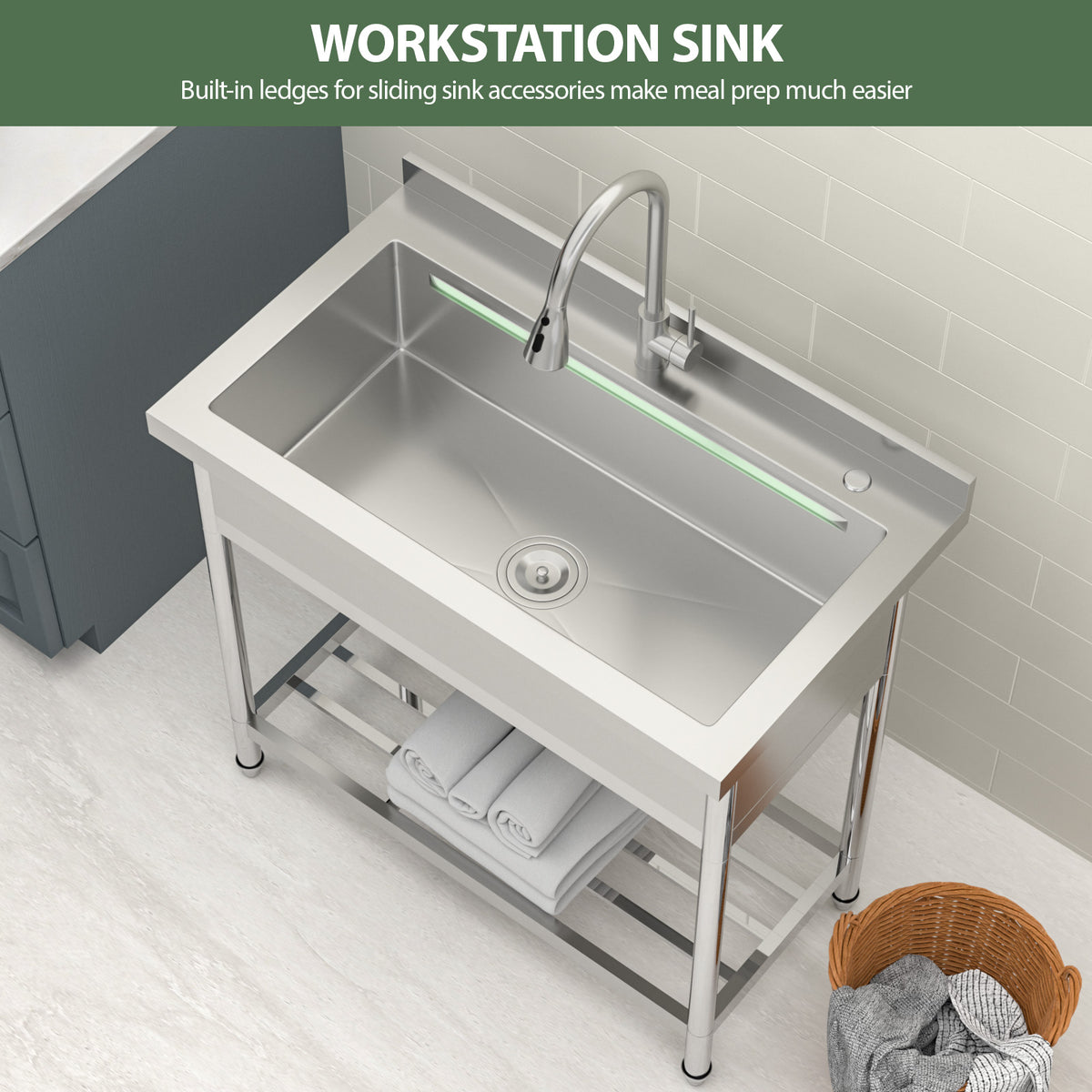 Logmey 36'' x 21'' Freestanding Stainless Steel Single Bowl Utility Sink