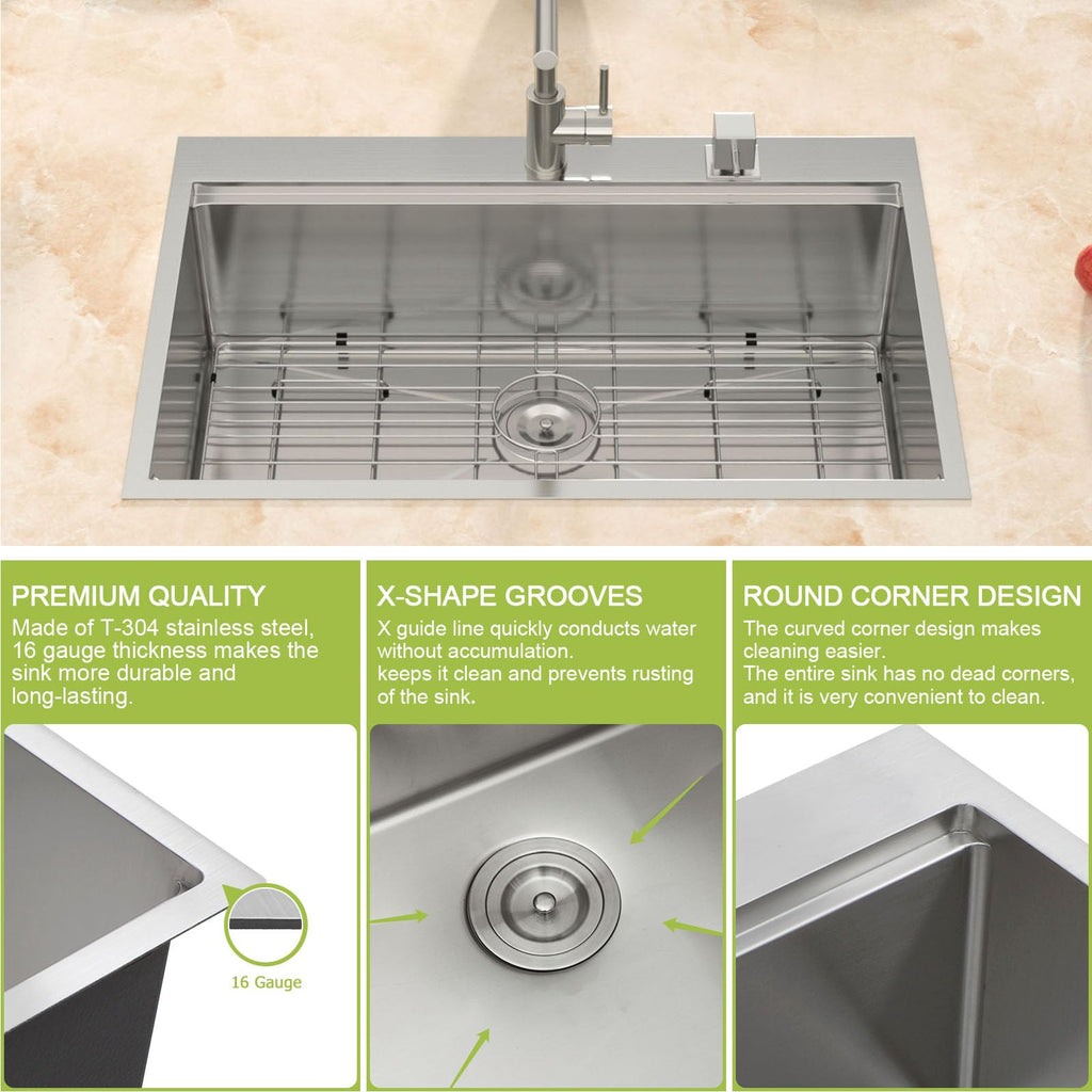 Logmey 33'' x 19'' Drop-In Workstation Kitchen Sink - 16 Gauge SUS304 Stainless Steel Single Bowl