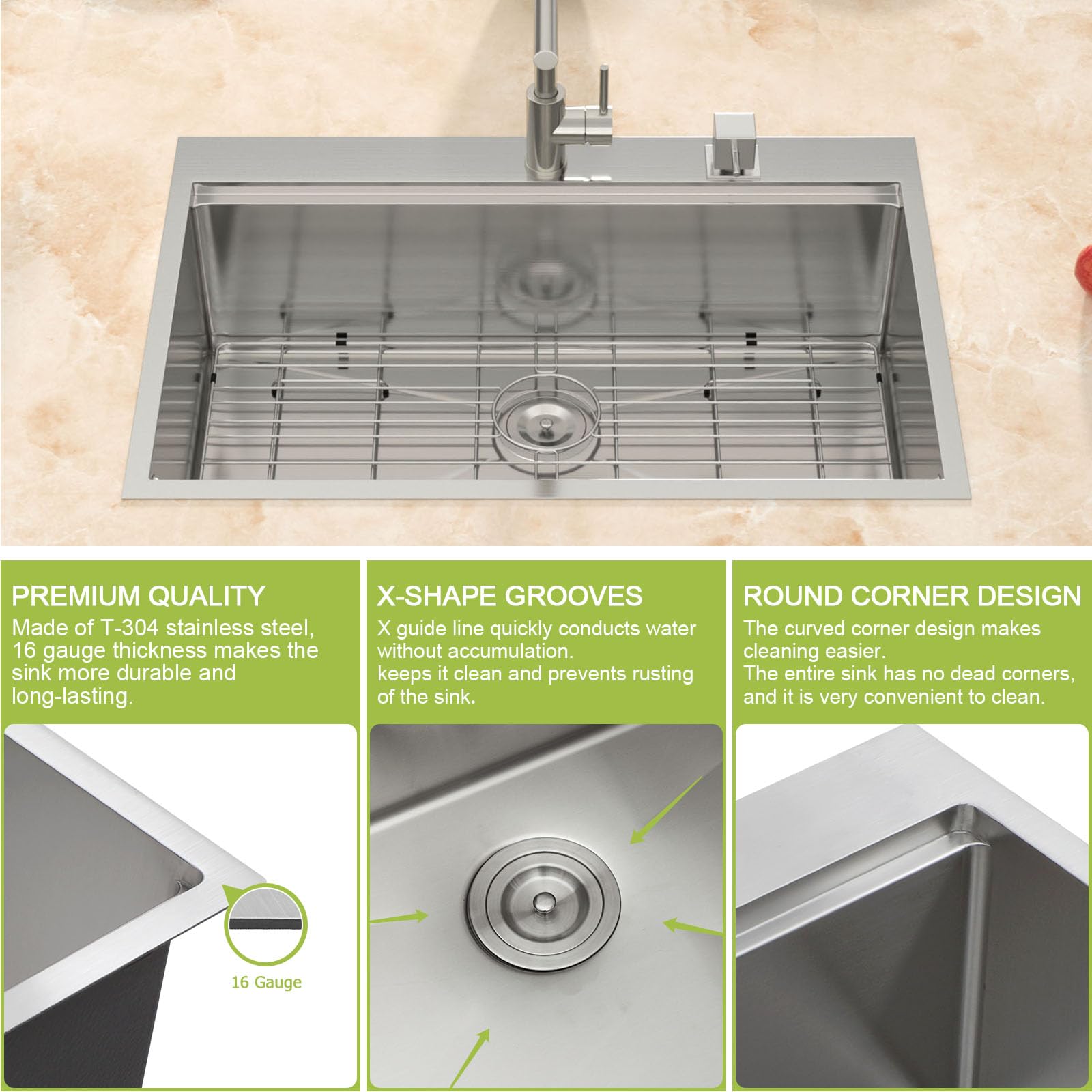 Logmey 33'' x 19'' Drop-In Workstation Kitchen Sink - 16 Gauge SUS304 Stainless Steel Single Bowl