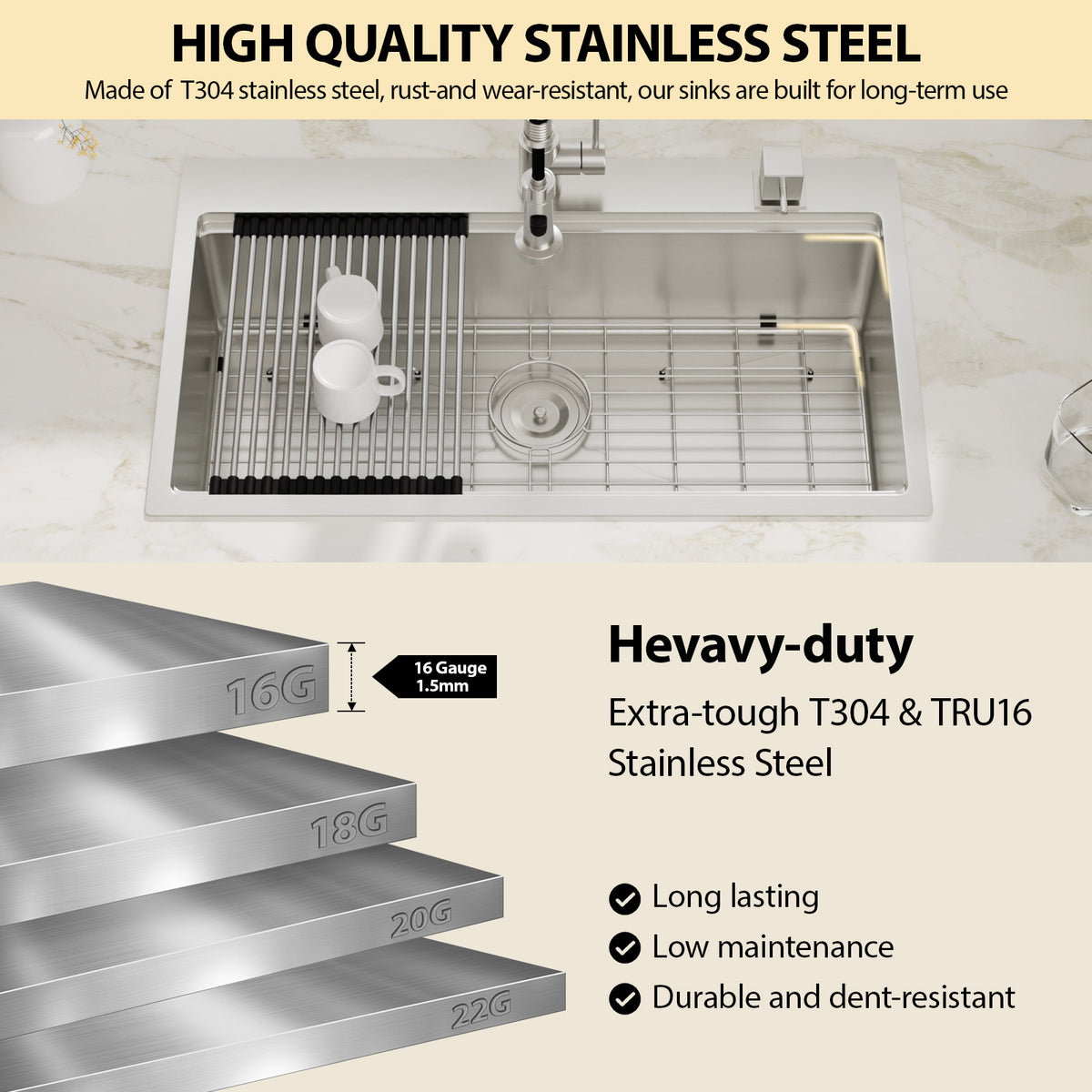 Logmey 33'' Workstation Kitchen Sink - Drop-In Single Bowl - Silver Stainless Steel