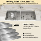 36'' x 19'' 16 Gauge Workstation Undermount 50/50 Double Bowl Low Divide Stainless Steel Kitchen Sink with with Colander, Cutting Board, Strainer and Dish-Drying Rack