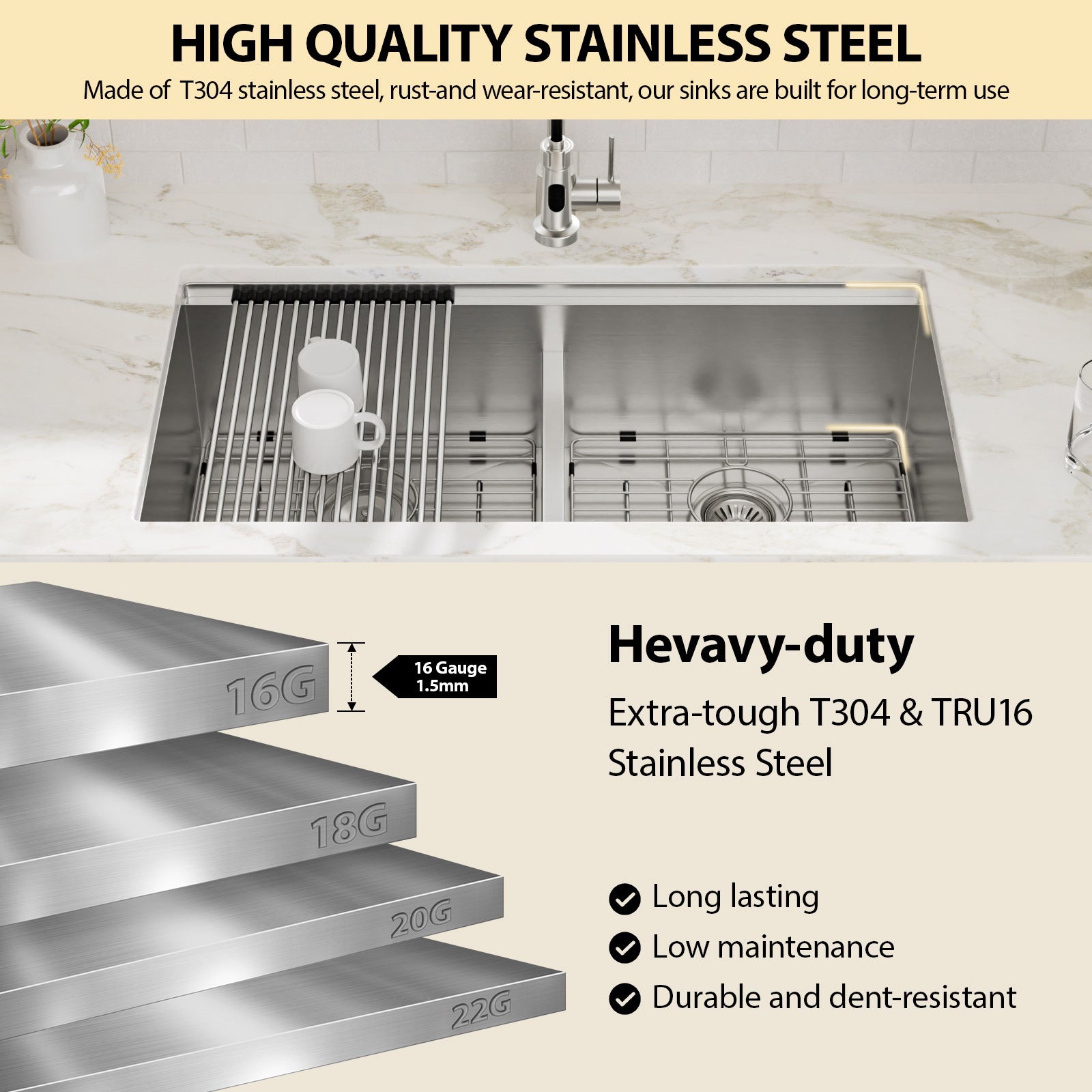 36'' x 19'' 16 Gauge Workstation Undermount 50/50 Double Bowl Low Divide Stainless Steel Kitchen Sink with with Colander, Cutting Board, Strainer and Dish-Drying Rack