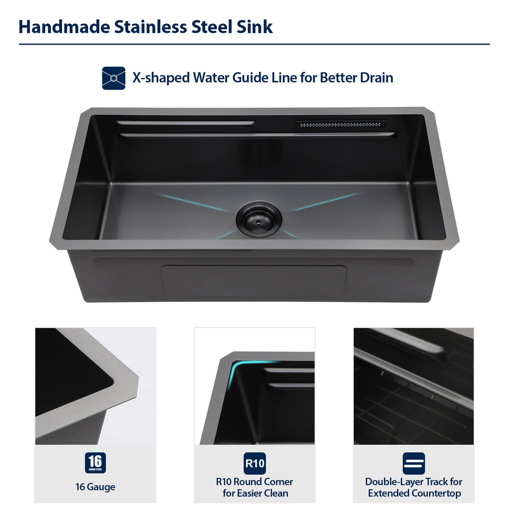 Logmey 33'' Double Step Waterfall Workstation Sink - Undermount Single Bowl with Faucet - Gunmetal Black  Stainless Steel
