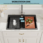 Logmey 33x19 Seamless Black Quartz Culinary Workstation Kitchen Sink Combo