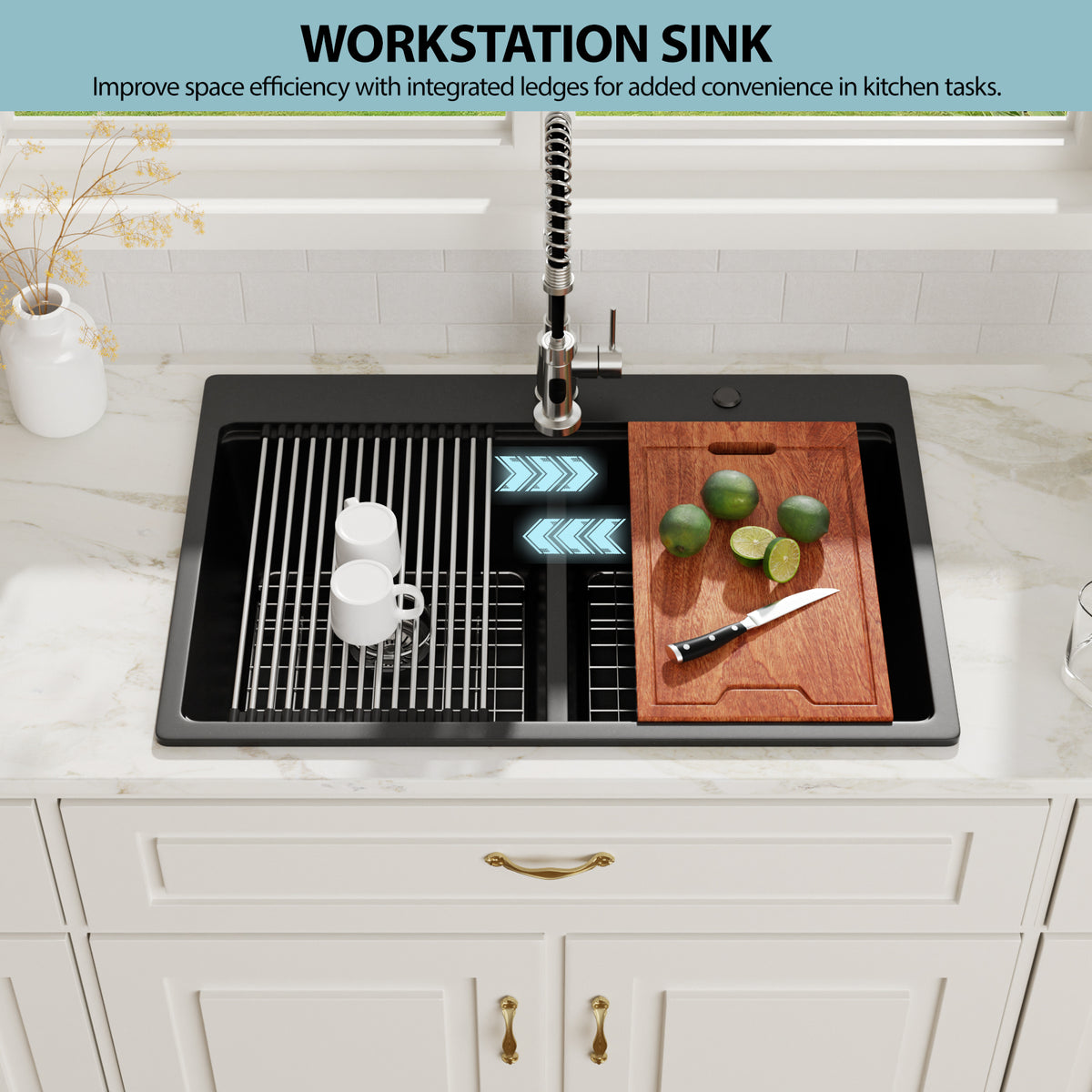 Logmey 33x19 Seamless Black Quartz Culinary Workstation Kitchen Sink Combo