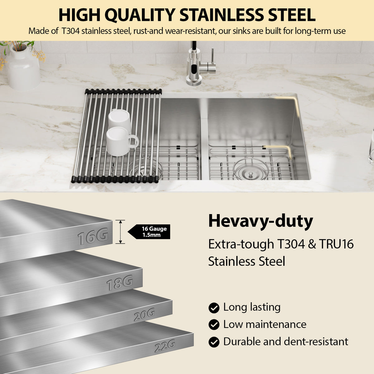Logmey 30x19 Seamless Undermount 60/40 Double Bowl Kitchen Sink Combo