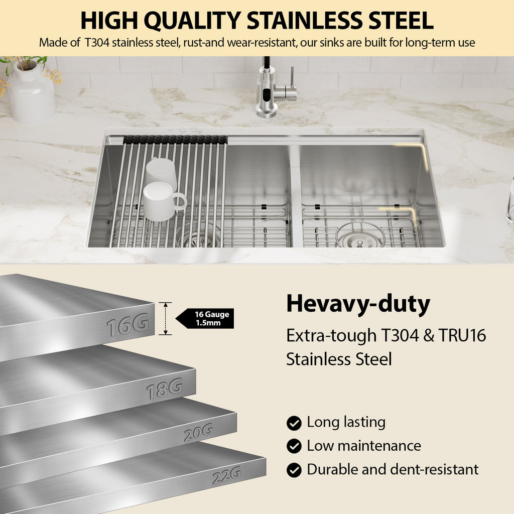 Logmey 33''x 19'' Undermount 16 Gauge Stainless Steel Workstation Double Bowl Kitchen Sink -50/50 Low-Divide