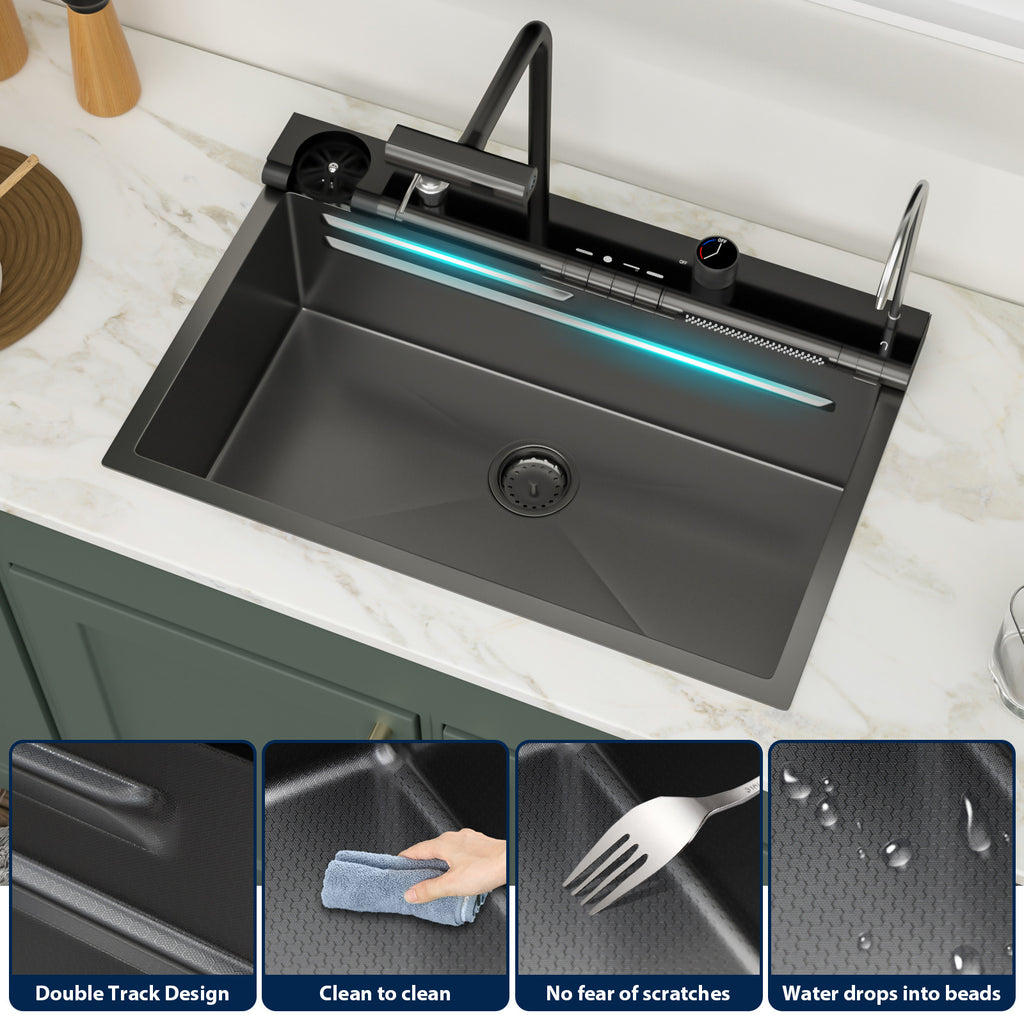 Logmey 30 Inch Drop In Smart Waterfall Kitchen Sink with Digital Temperature Display Brushed Black Topmount Workstation Sink with Flying Rain Faucet
