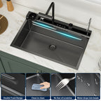 Logmey 30 Inch Drop In Smart Waterfall Kitchen Sink with Digital Temperature Display Brushed Black Topmount Workstation Sink with Flying Rain Faucet