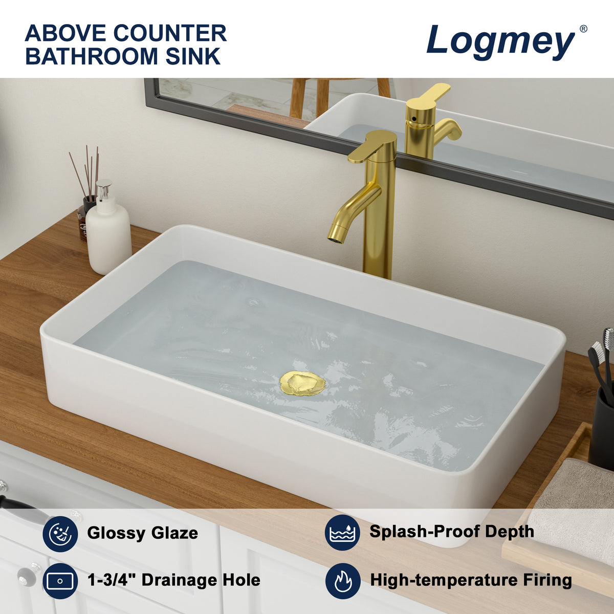 Logmey 24'' x 14''Rectangular Bathroom Vessel Sink - White Ceramic Above-Counter Vanity Art Basin