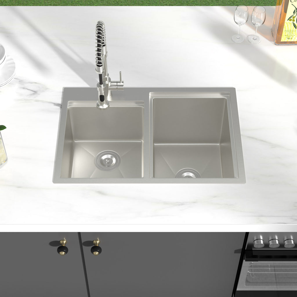 Logmey 30x20 Heavy Duty 16G T304 Stainless Steel Drop-In Double Bowl Sink Combo