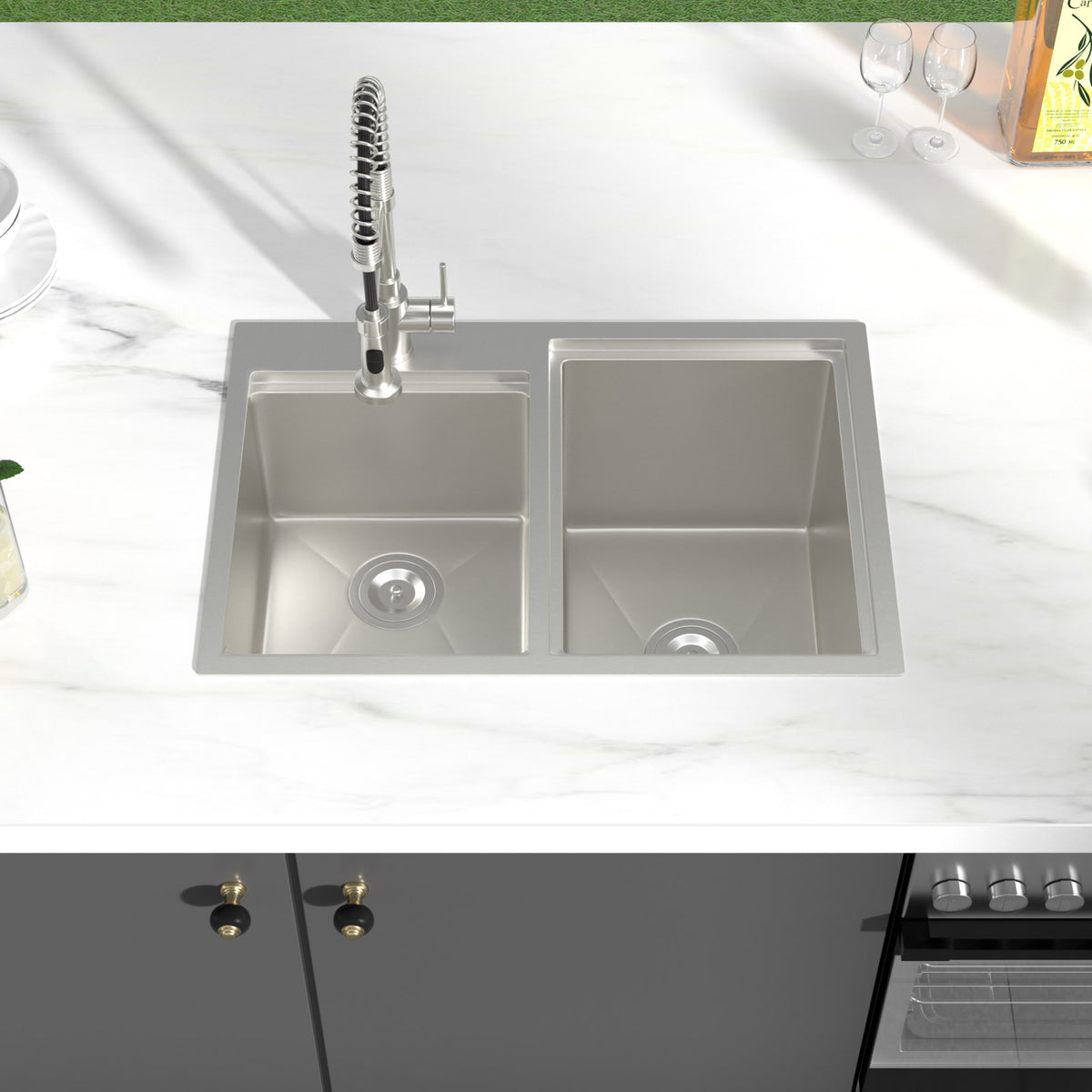 Logmey 30x20 Heavy Duty 16G T304 Stainless Steel Drop-In Double Bowl Sink Combo