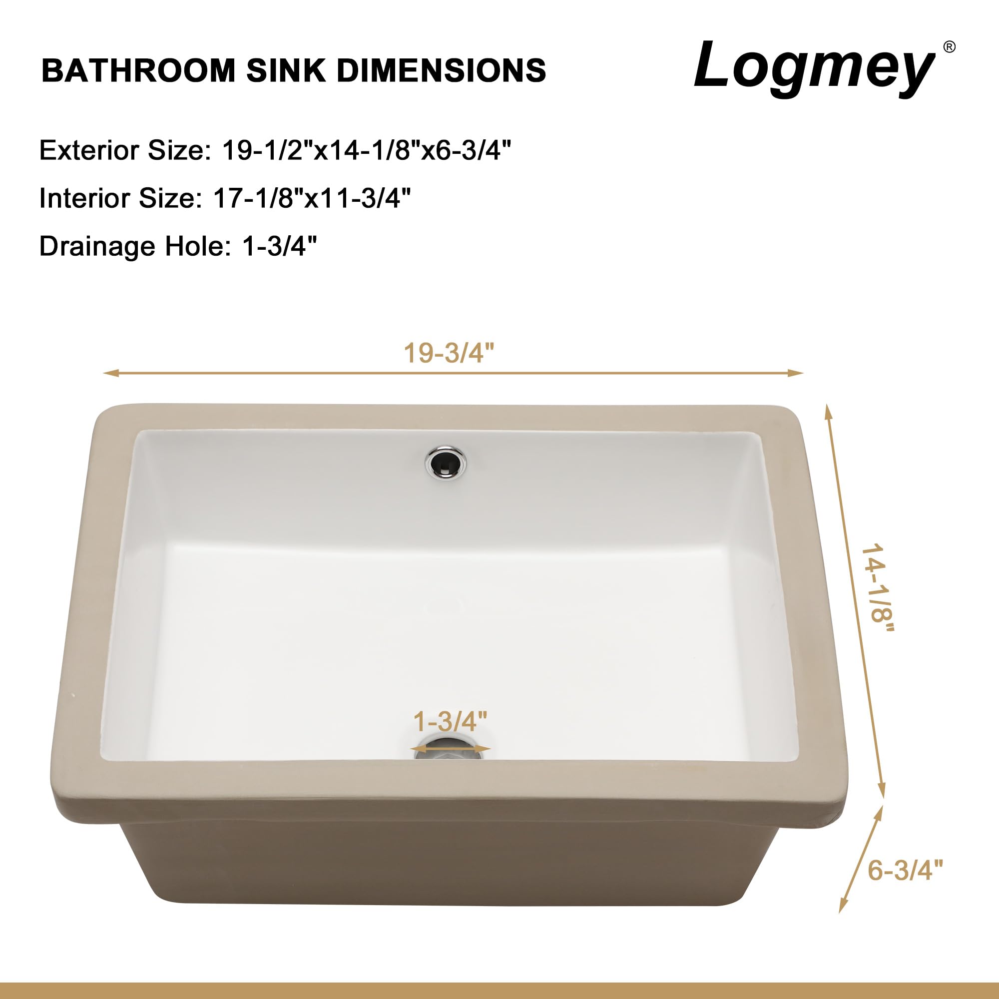 Logmey 20''x14'' Bathroom Sink - Undermount Rectangular Vessel Single Bowl - White Porcelain Ceramic
