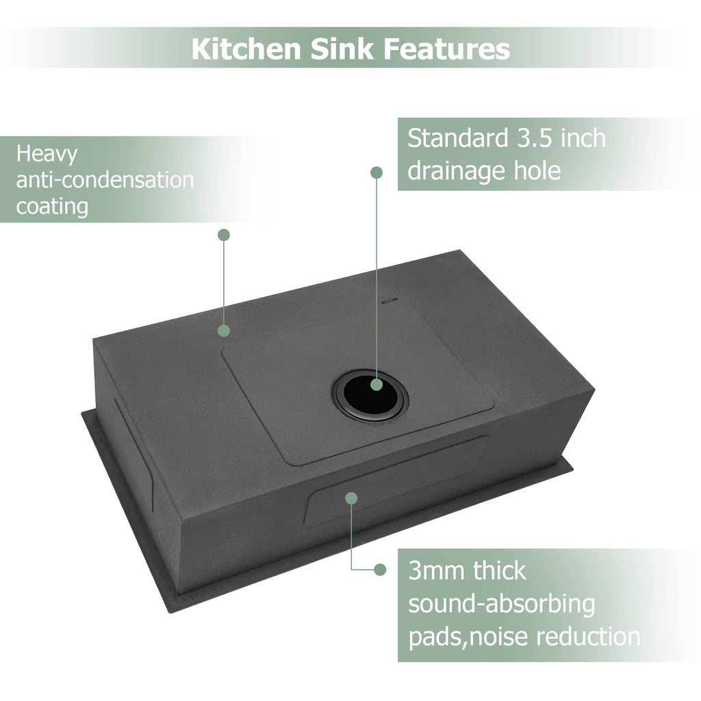 Logmey 30'' Kitchen Sink - Undermount Single Bowl - Gunmetal Black Stainless Steel
