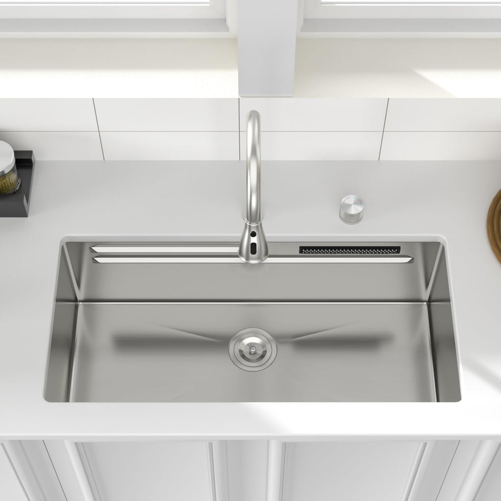 Logmey 33'' Waterfall Kitchen Sink - Undermount Single Bowl with Pull-out Faucet & Control Knob - Silver Stainless Steel