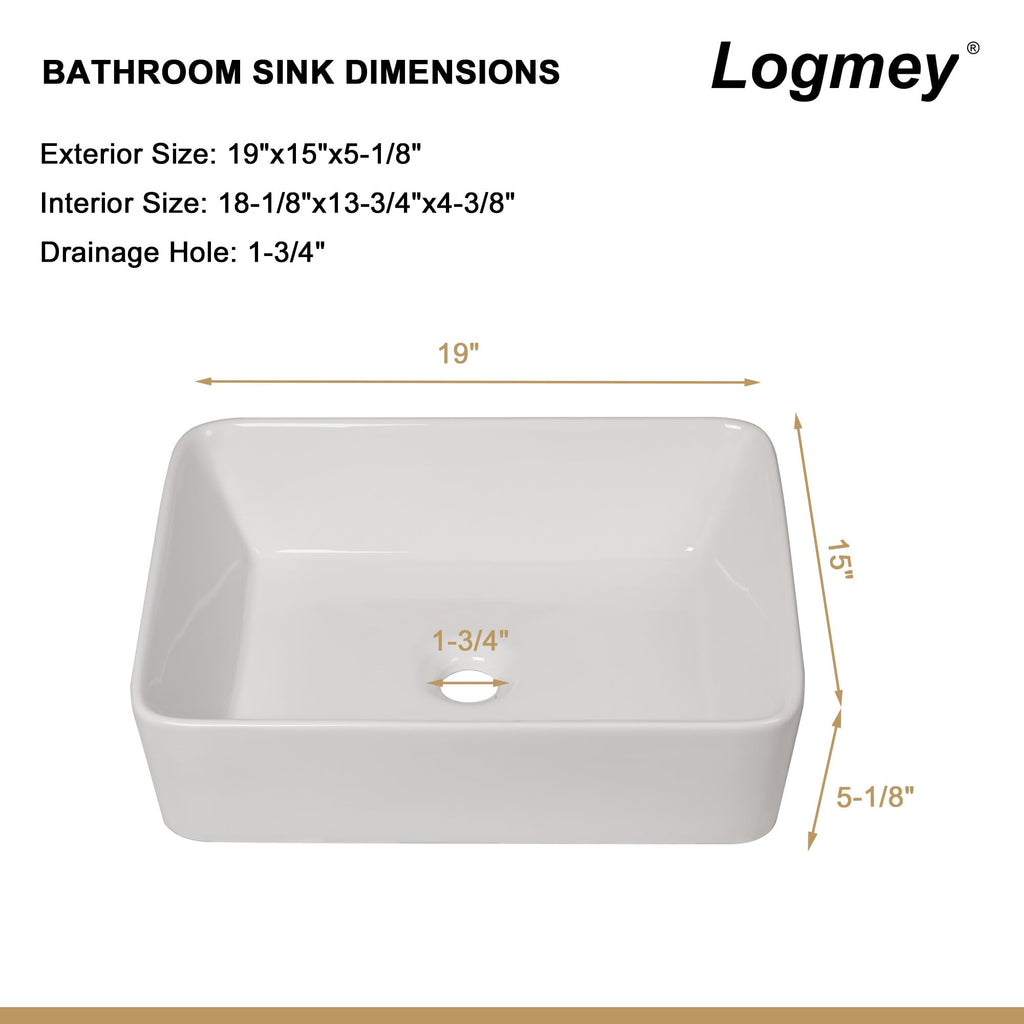 Logmey 19''x15'' Bathroom Sink - Rectangular Above Counter Vessel Single Bowl - White Porcelain Ceramic