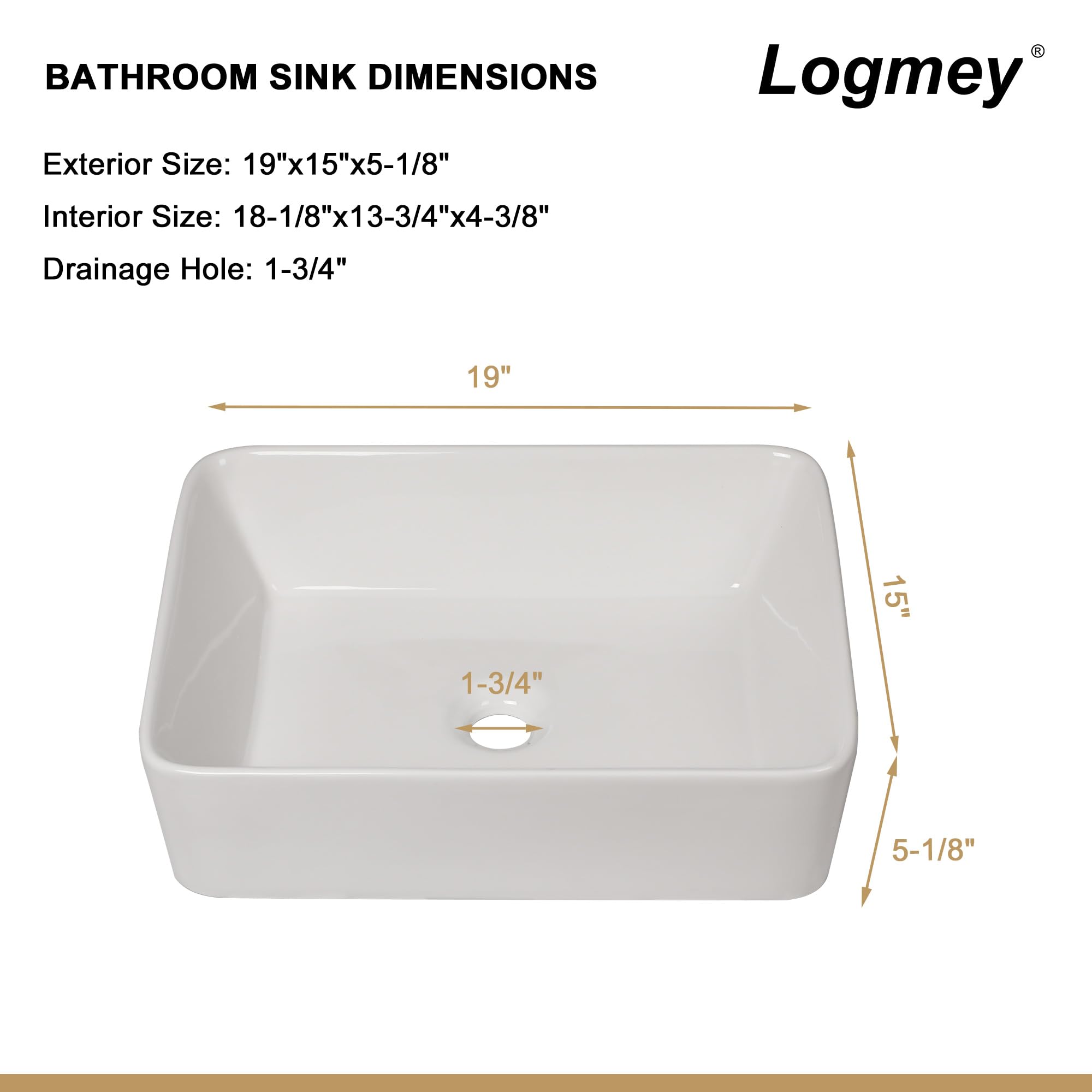Logmey 19 In Bathroom Vessel Sink Rectangular - 19x15 Inch Rectangle Modern Sink White Porcelain Ceramic Bathroom Sinks Above Counter Lavatory Vanity Sink Art Basin