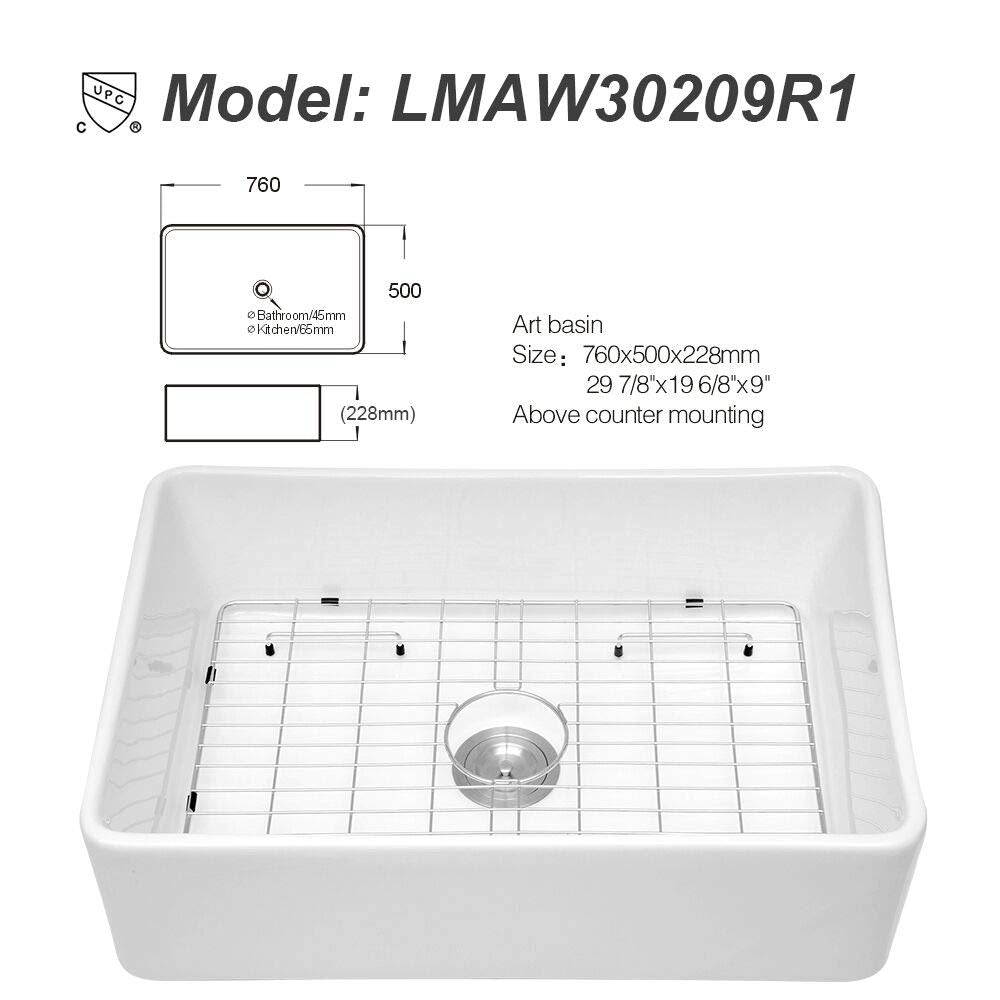 Logmey 30'' Farmhouse Sink - Apron Front Single Bowl - White Fireclay Ceramic