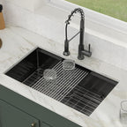 Logmey 33'' Workstation Kitchen Sink - Undermount Single Bowl - Black NANO-PVD Stainless Steel
