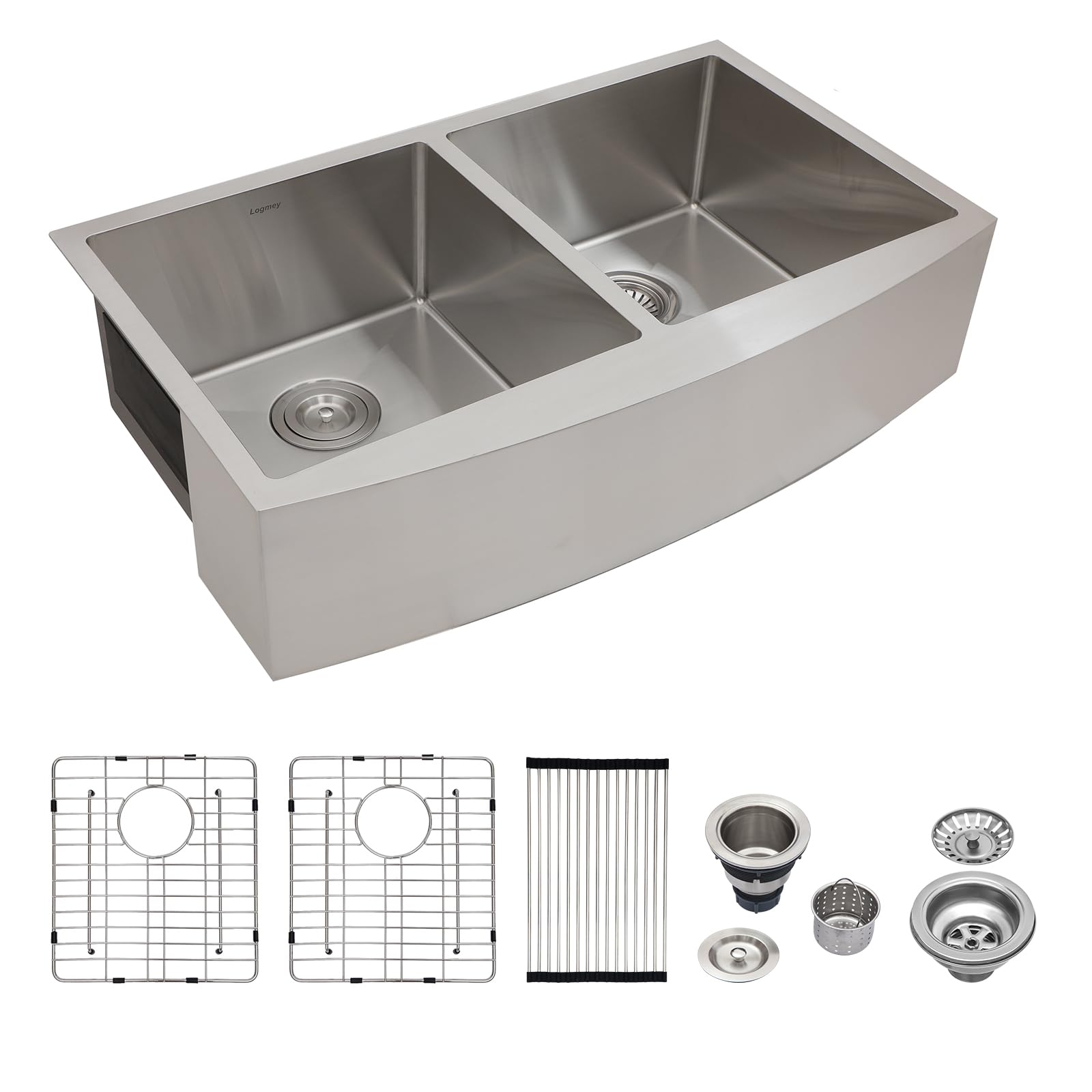 Logmey 36'' Nano Coated Farmhouse Sink - Apron Front 60/40 Double Bowl - Black Stainless Steel