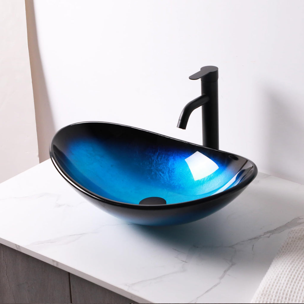 Logmey 21'' Bathroom Vessel Sink - Oval Countertop Single Bowl with Drain - Blue Tempered Glass