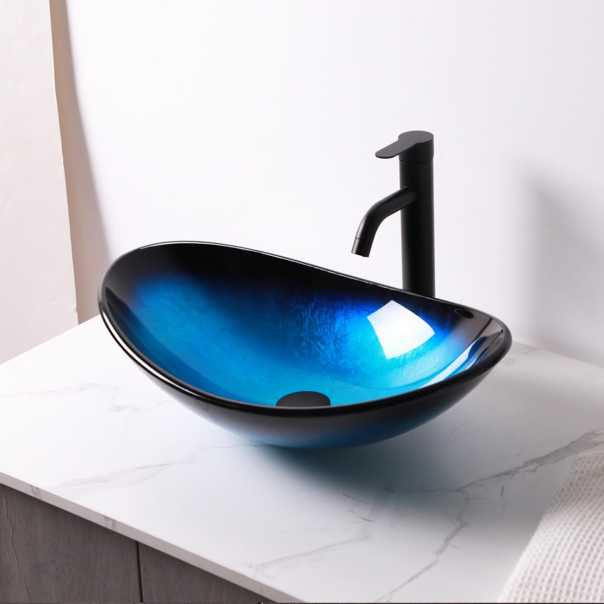 Logmey 21'' Bathroom Vessel Sink - Oval Countertop Single Bowl with Drain - Blue Tempered Glass