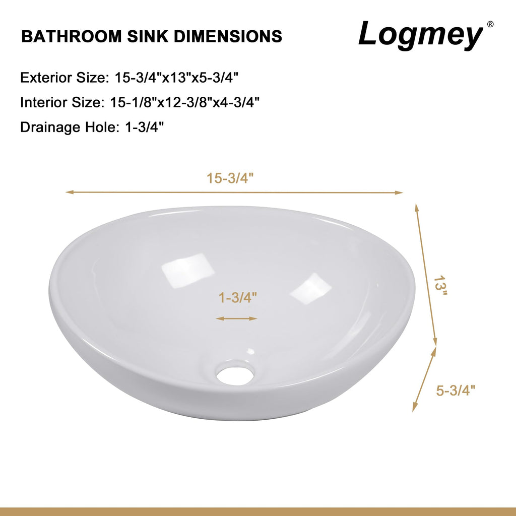 Logmey 16''x13'' Bathroom Sink - Above Counter Rectangular Vessel Single Bowl - White Porcelain Ceramic