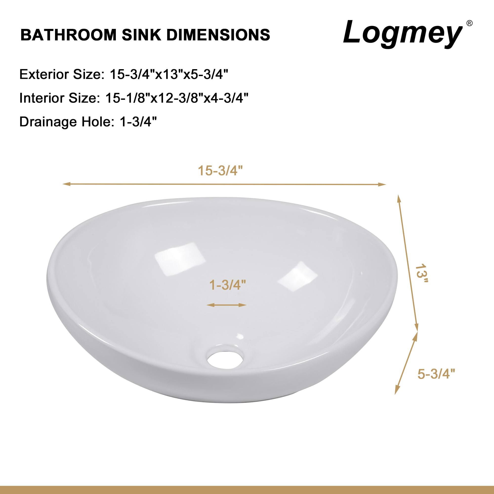 Logmey 16''x13'' Bathroom Sink - Above Counter Rectangular Vessel Single Bowl - White Porcelain Ceramic