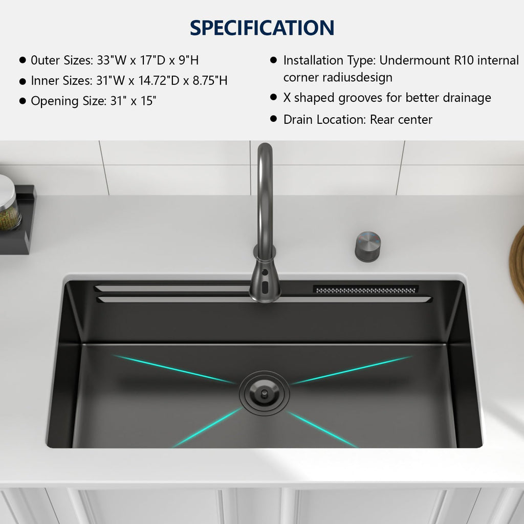 Logmey 33'' Double Step Waterfall Workstation Sink - Undermount Single Bowl with Faucet - Gunmetal Black NANO-PVD Stainless Steel
