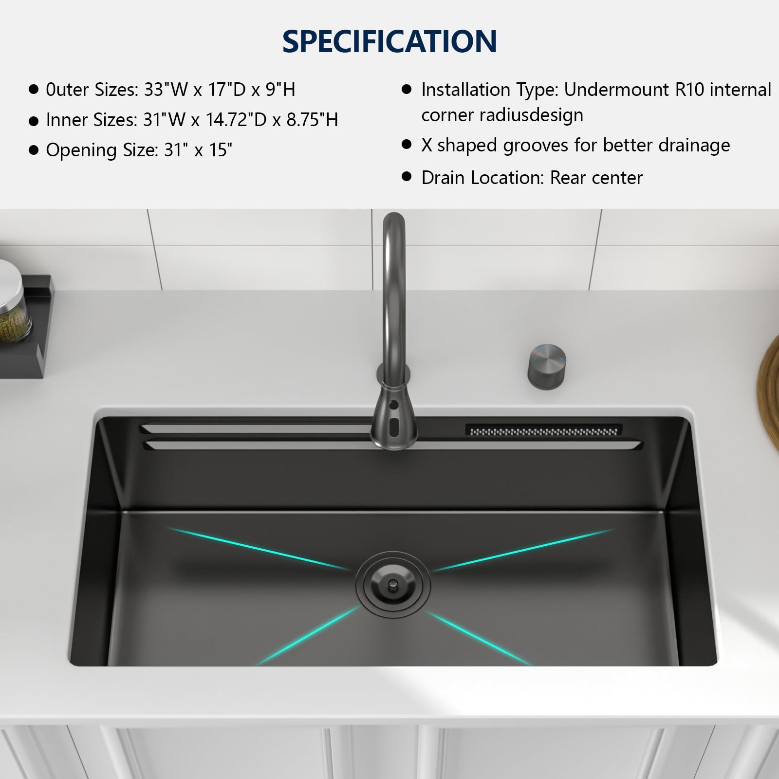 Logmey 33'' Double Step Waterfall Workstation Sink - Undermount Single Bowl with Faucet - Gunmetal Black NANO-PVD Stainless Steel