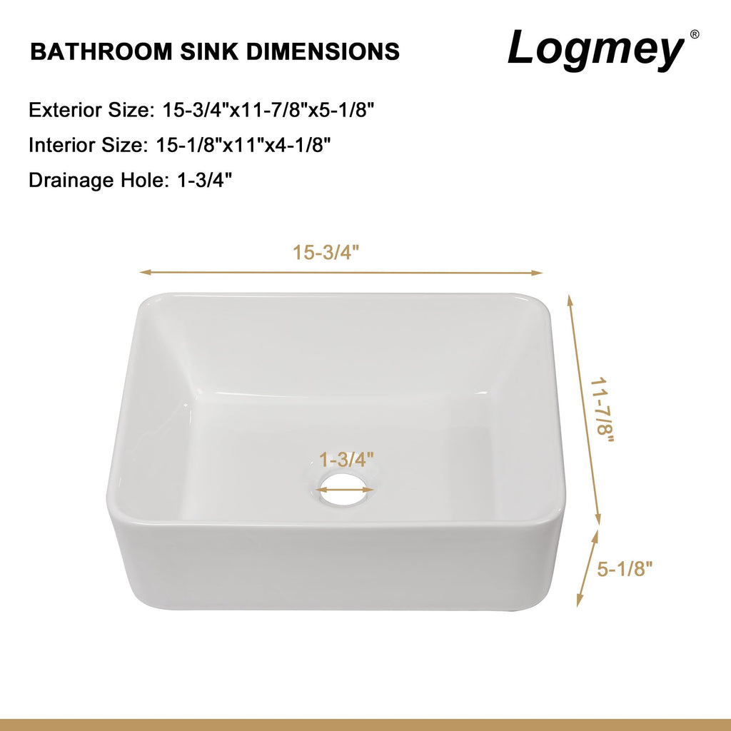 Logmey 16''x12'' Bathroom Sink - Above Counter Rectangular Vessel Single Bowl - White Porcelain Ceramic