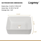 Logmey 16''x12'' Bathroom Sink - Above Counter Rectangular Vessel Single Bowl - White Porcelain Ceramic