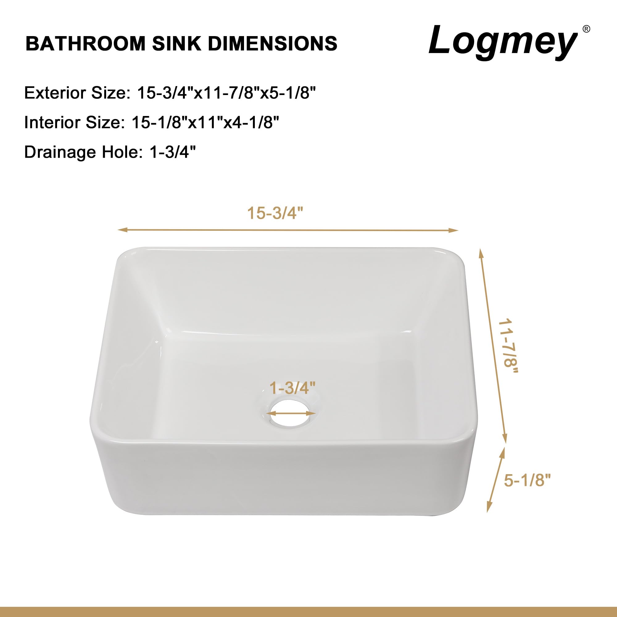 Logmey 16x12 Inch White Above Counter Porcelain Ceramic Bathroom Vessel Sink