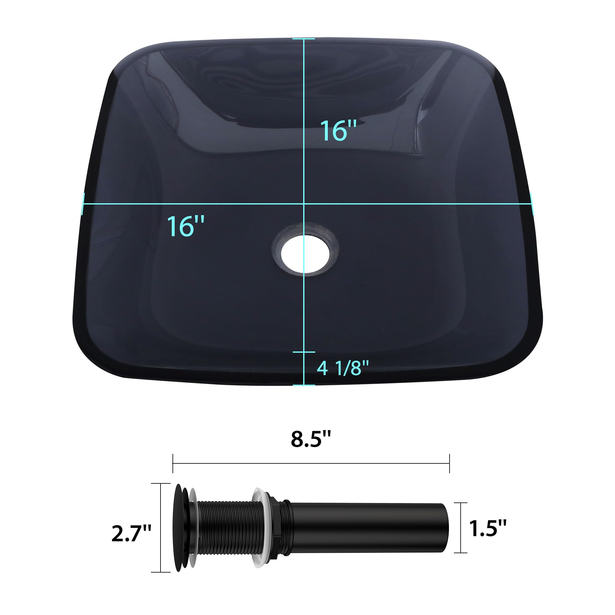 Logmey 16'' Bathroom Vessel Sink - Square Countertop Single Bowl with Drain & Vanity Top - Gray Tempered Glass