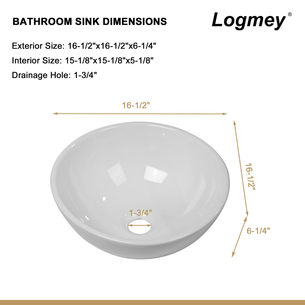 Logmey 16''x16'' Bathroom Sink - Round Above Counter Vessel Single Bowl - White Porcelain Ceramic
